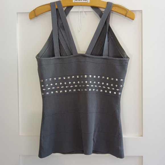 Cache Grey V-Neck Strappy Knit Silver Studded Tank and Matching Cardigan - Picture 3 of 9